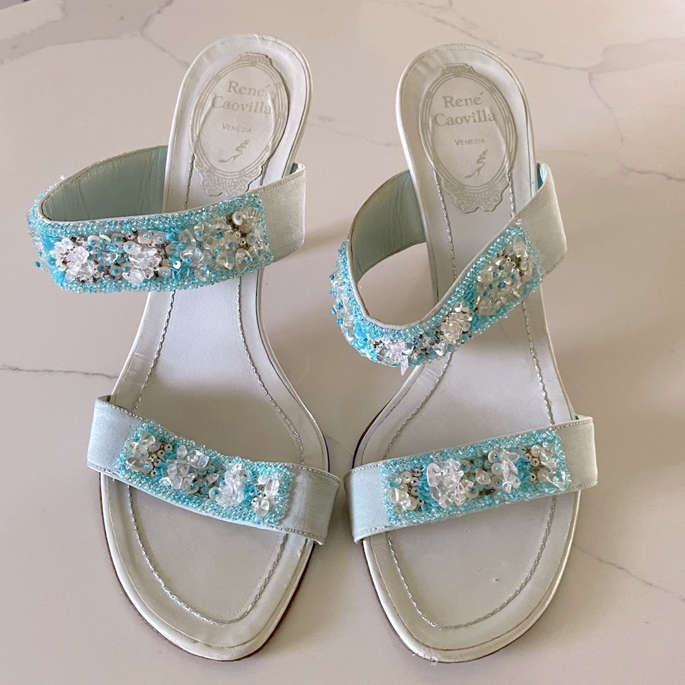 rene caovilla blue beaded embellished kitten heels